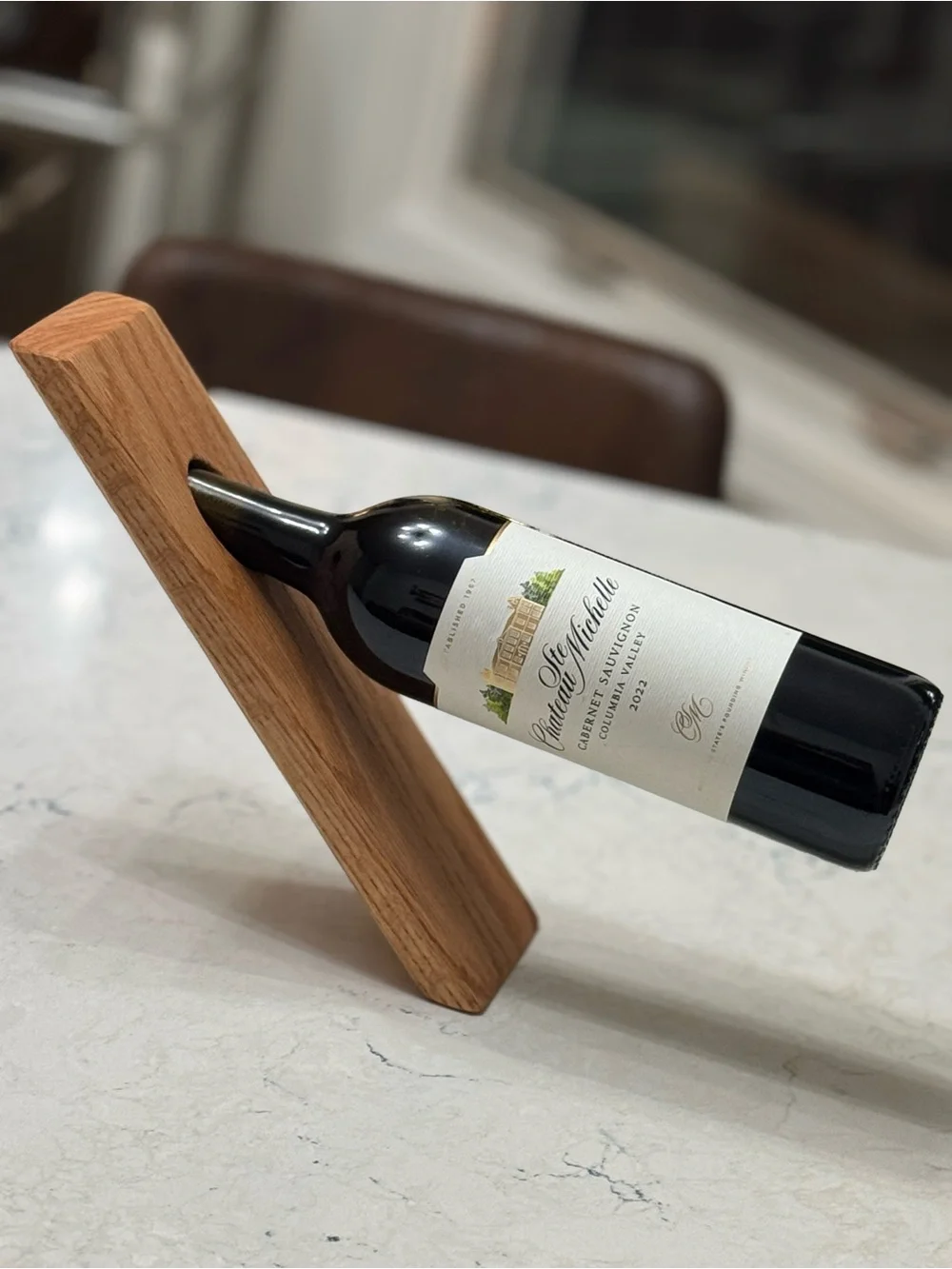 HandCrafted Floating Wine Bottle Stand - Red Oak Wood